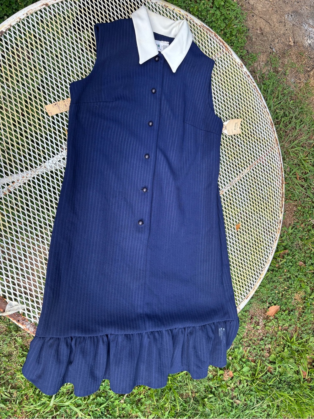 VTG 1960s Andrea Gayle Navy Pinstripe Collared Shift Dress Ruffle Hem